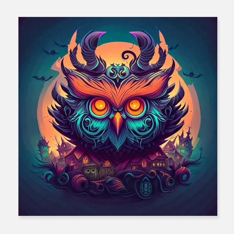 Halloween EULE -NEON EDITION (Handgezeichnet) Poster 20x20 cm
