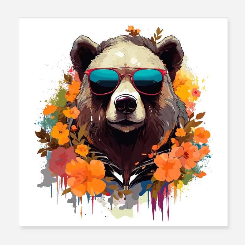 cooler bunter Bär mit Sonnenbrille und Blumen Poster 20x20 cm
