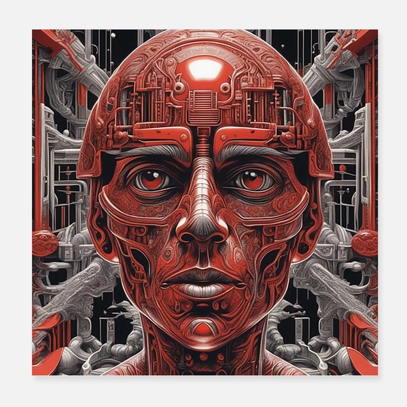 Techno roter Roboter in der Zukunft Poster 20x20 cm
