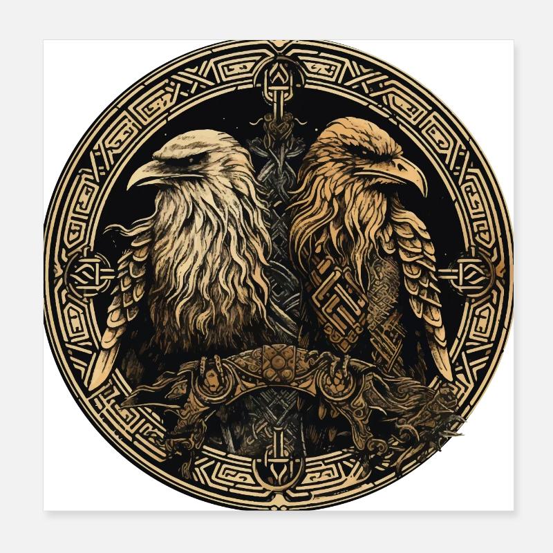 Viking Hugin et Munin Ravens Valhalla Vegvisir Poster 20 x 20 cm