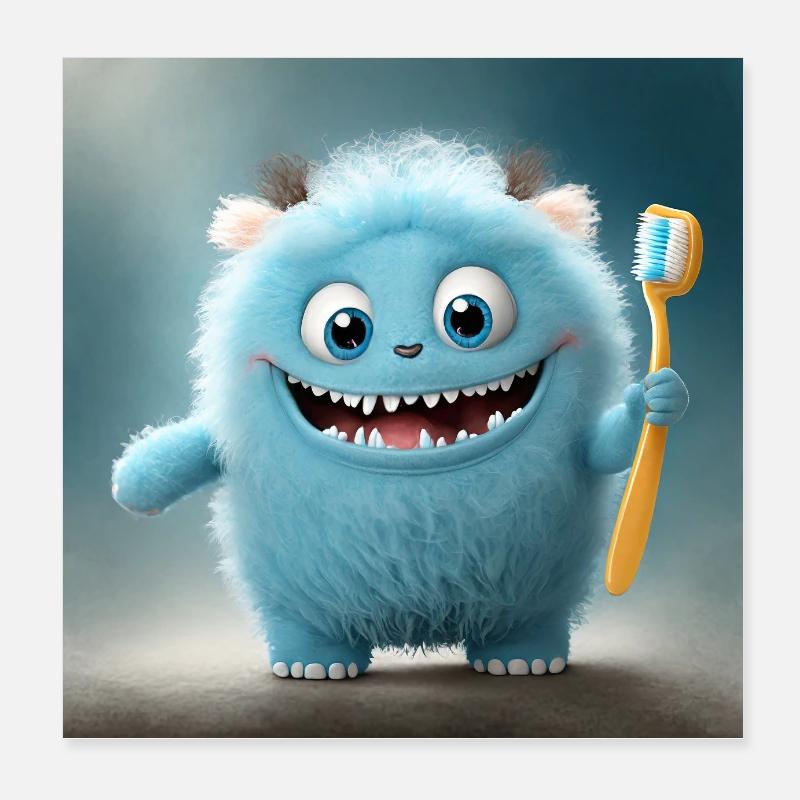 cute little fluffy monster toothbrush brush teeth Poster 8" x 8" (20x20 cm)