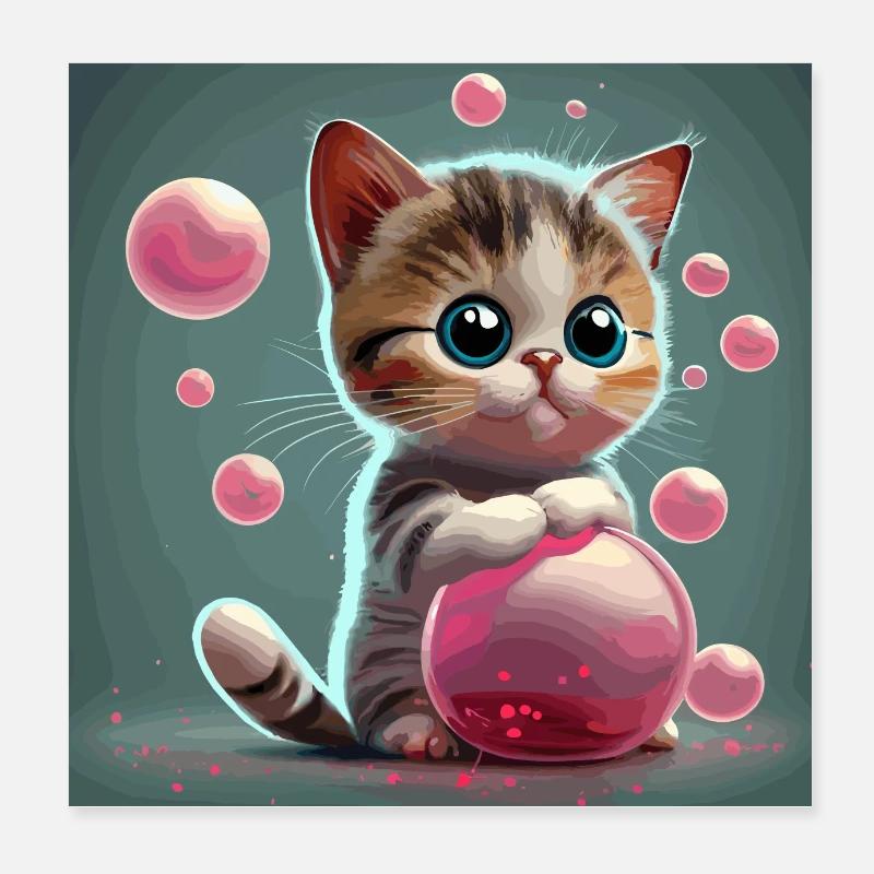 Mignon bébé chat de style dessin animé avec des bulles roses Poster 20 x 20 cm