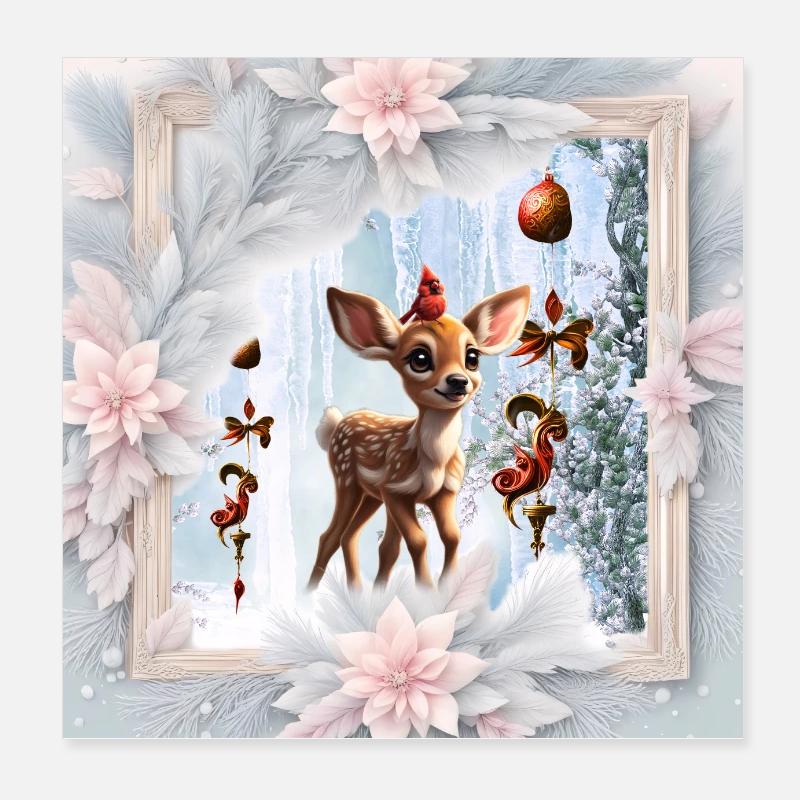 Mignon faon avec oiseau Poster 20 x 20 cm