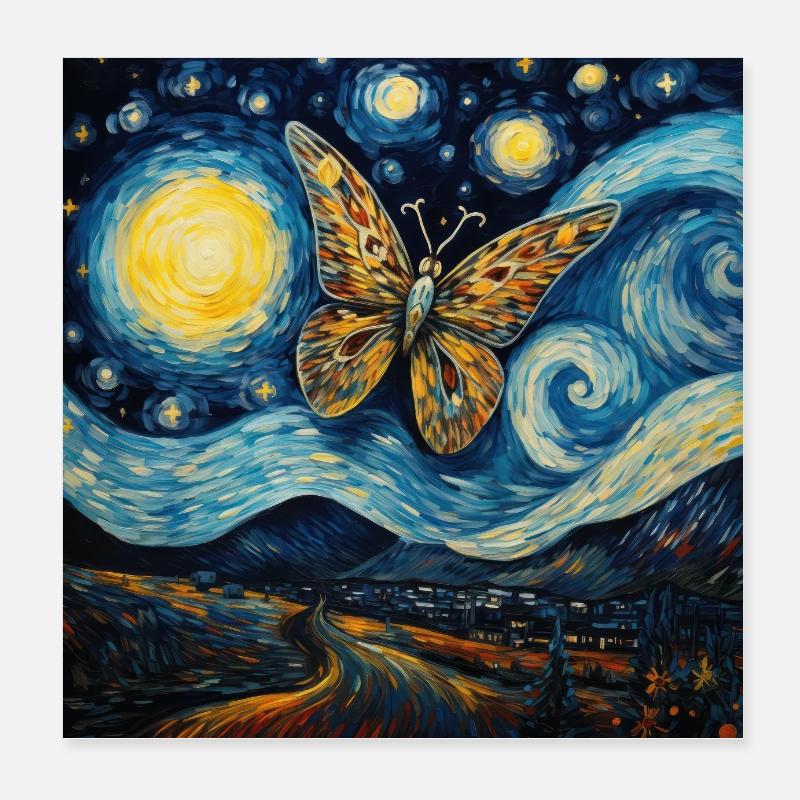 Moth, Van Gogh, Starry Night, Animal Poster 8" x 8" (20x20 cm)