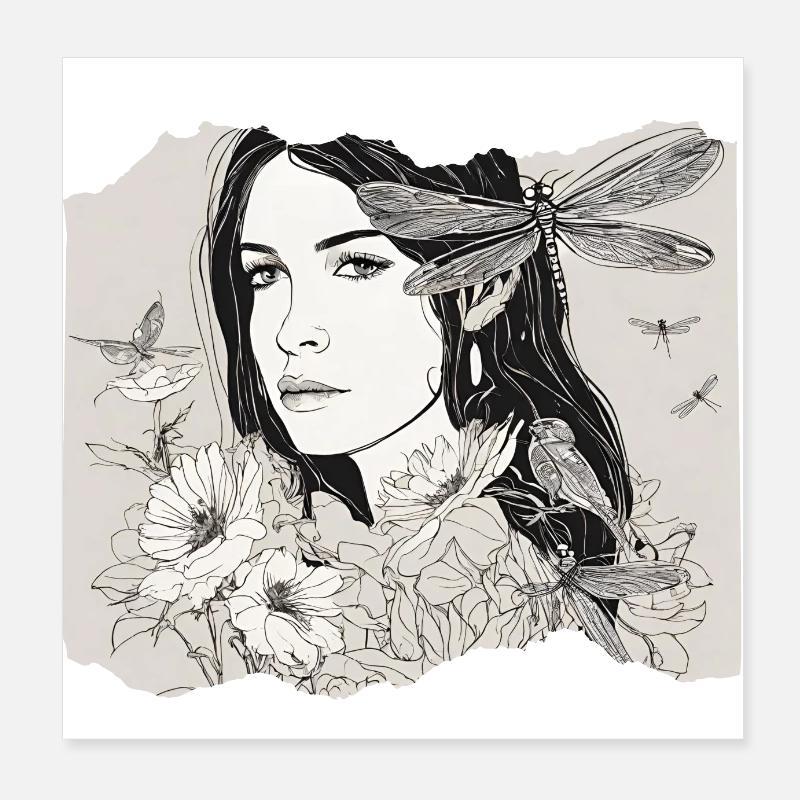 Fille avec libellule dans les cheveux Poster 20 x 20 cm