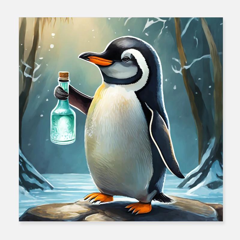 Pinguin mit einer Gin-Tonic-Flasche in der Hand Poster 20x20 cm