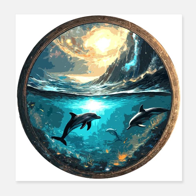 Dauphin, Or, Eau, Mer, Cercle, Épique, Réflexion Poster 20 x 20 cm