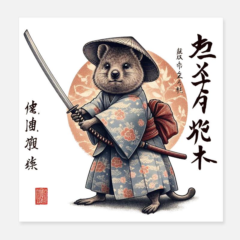 Quokka Samurai Japanischer Kunststil Poster 20x20 cm