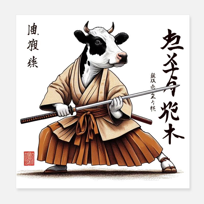 Fribourg Cow Samurai Retro Japanese Drawing Poster 8" x 8" (20x20 cm)