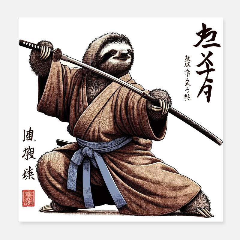 Faultier Samurai Retro Japanische Kunst Stil Poster 20x20 cm