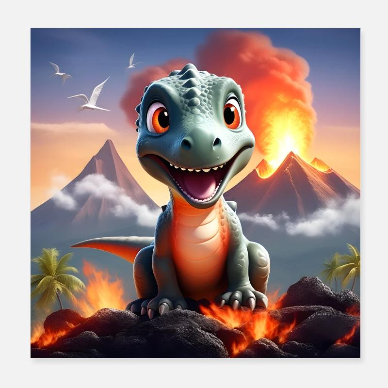 süßer Dinosaurier mit Vulkan und Lava, T-Rex - Poster 20x20 cm - Weiß