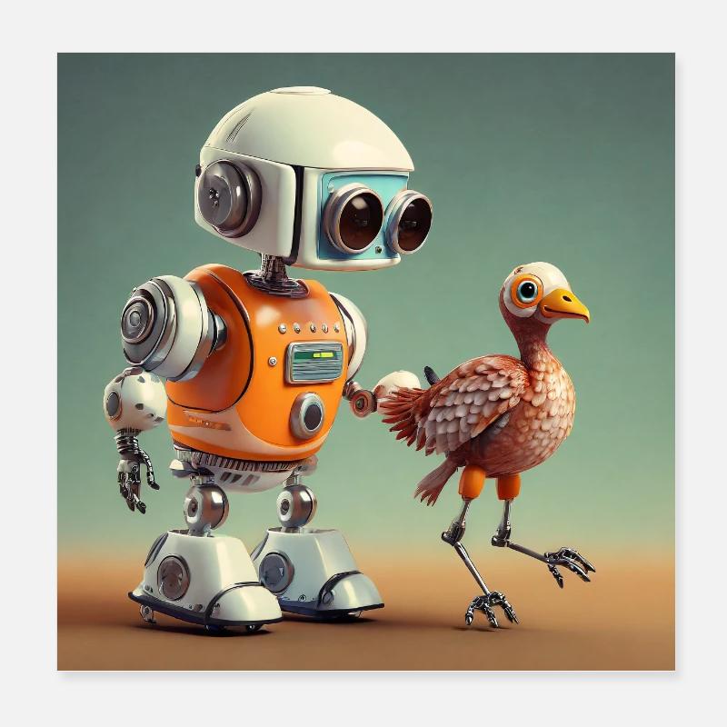 mignon petit robot orange se promène avec son extraterrestre Poster 20 x 20 cm