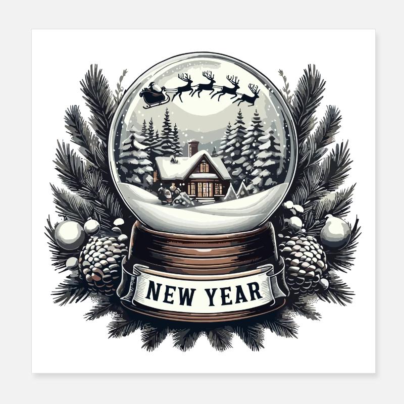 Neujahrszauber: Schneekugel & Schlitten des Weihnachtsmanns Poster 20x20 cm
