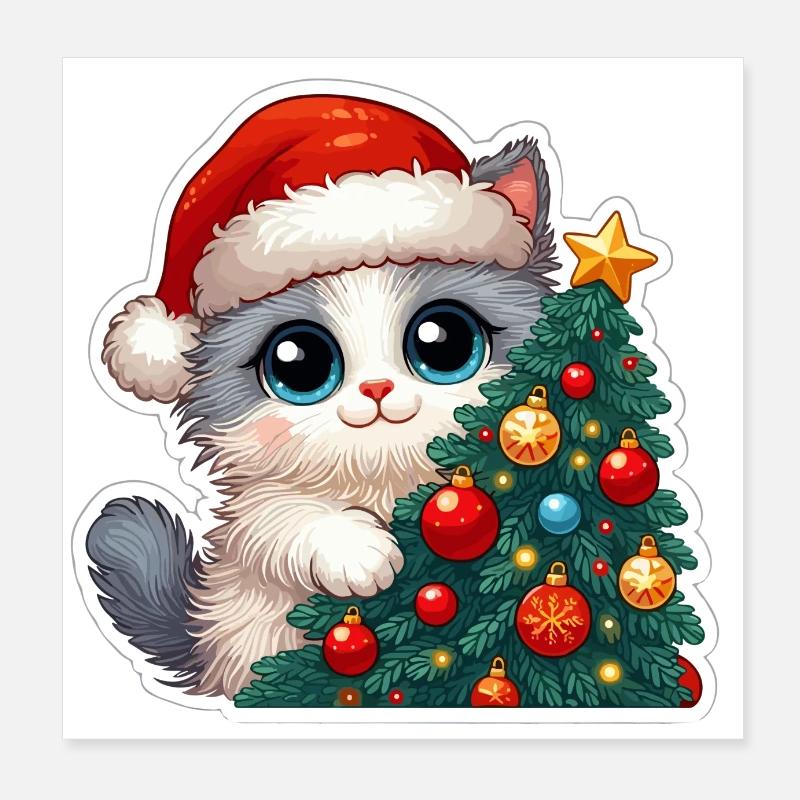 Chaton de Noël mignon et arbre décoré Art Poster 20 x 20 cm