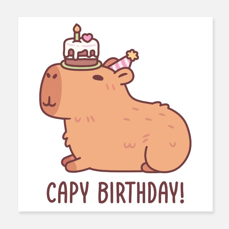 Cute Capybara With Cake On Head Capy Birthday Poster 8" x 8" (20x20 cm)