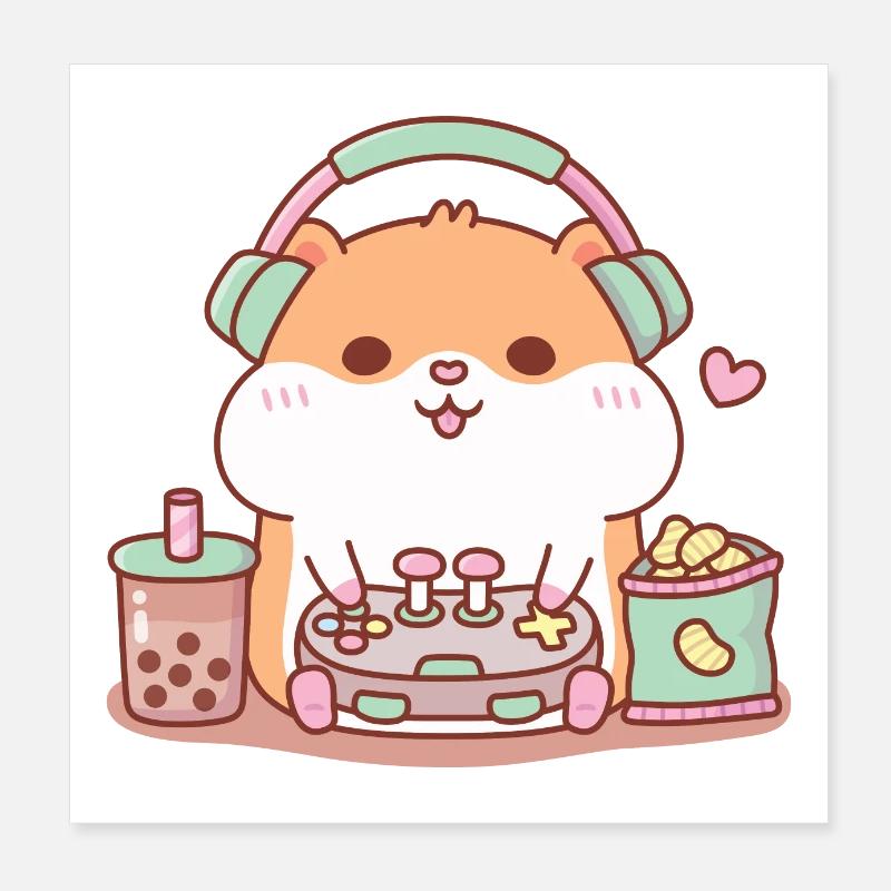 Cute Chubby Hamster Gamer Playing Video Games Poster 8" x 8" (20x20 cm)