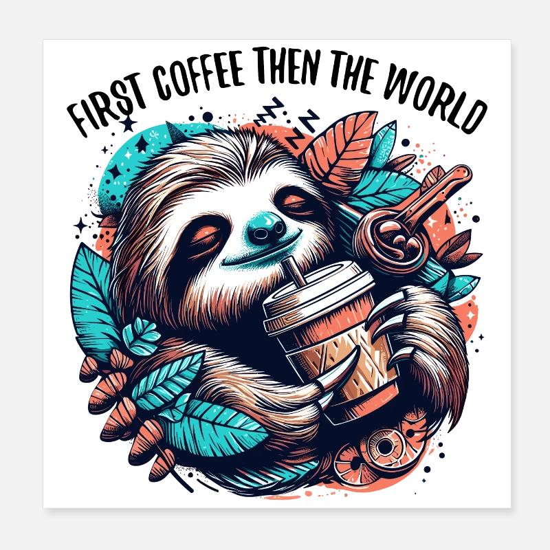 Faultier erst Kaffee dann Welt Geschenk Poster 20x20 cm