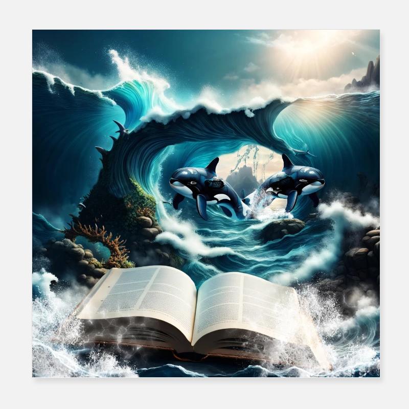 Ein Steampunk-Schwertwal, der in der Welle schwimmt. Poster 20x20 cm