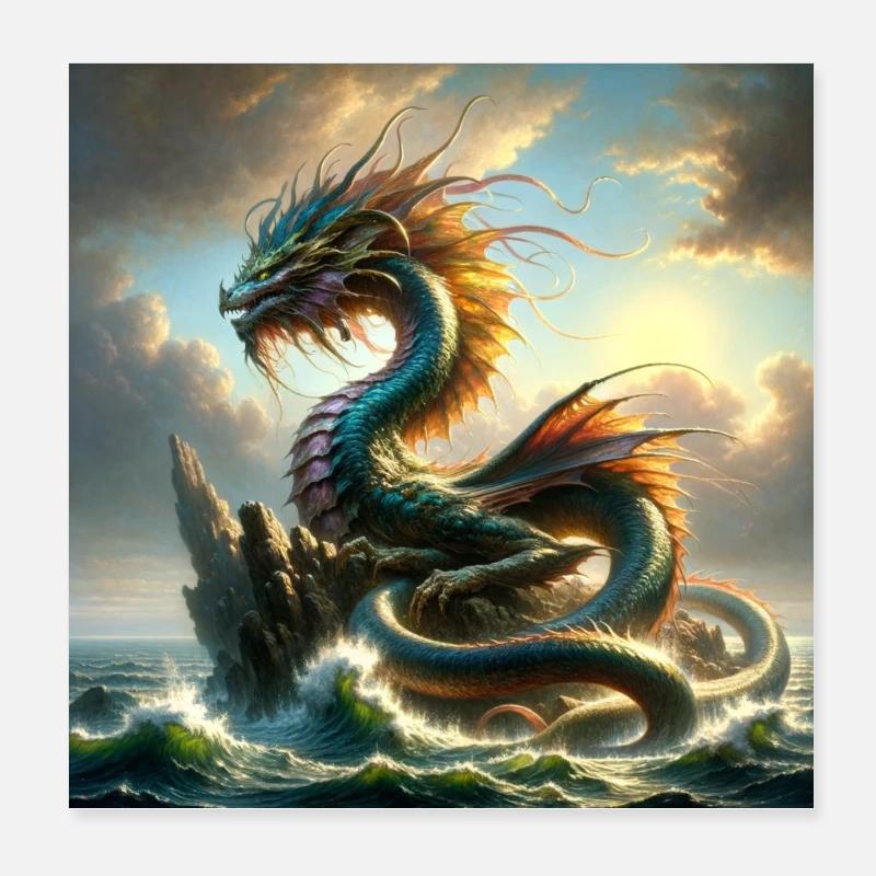 Affiche Dragon sur rocher dans la mer Poster 20 x 20 cm