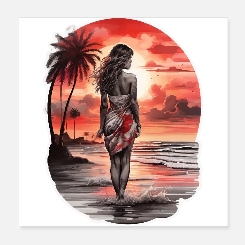 Woman on the beach looking at the red sunset Poster 8" x 8" (20x20 cm)