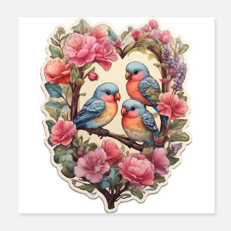 Zwei Turteltauben sitzen auf einem herzförmigen As Poster 20x20 cm