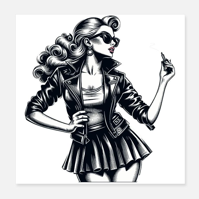 Rockabilly Frau Lederjacke Lippenstift Geschenk Poster 20x20 cm