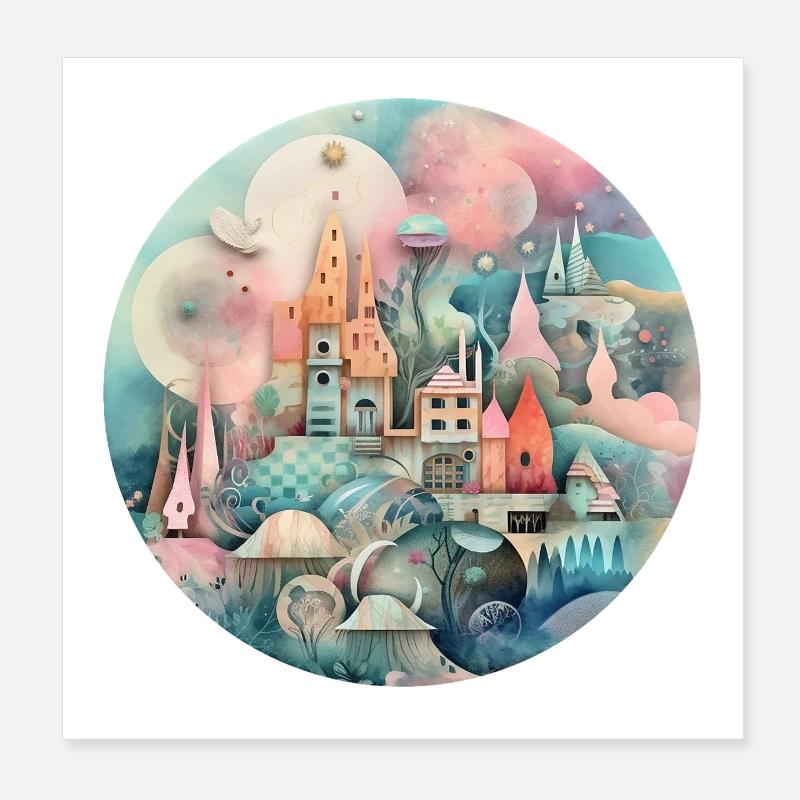 Collage eines skurrilen Dorfes Poster 20x20 cm