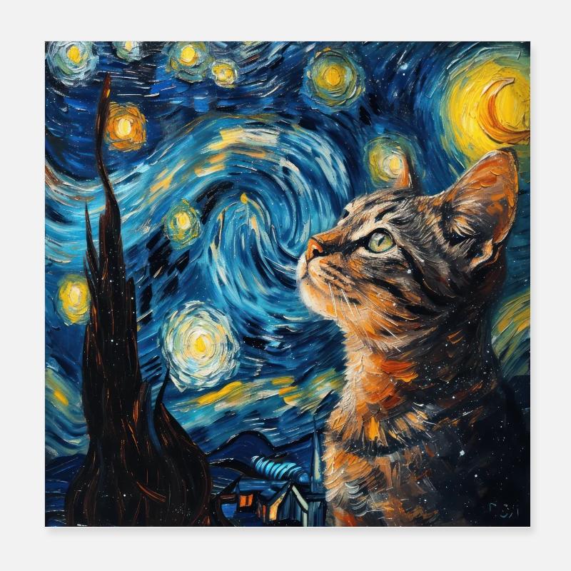 Chat, Animal, Van Gogh, Nuit Étoilée Poster 20 x 20 cm