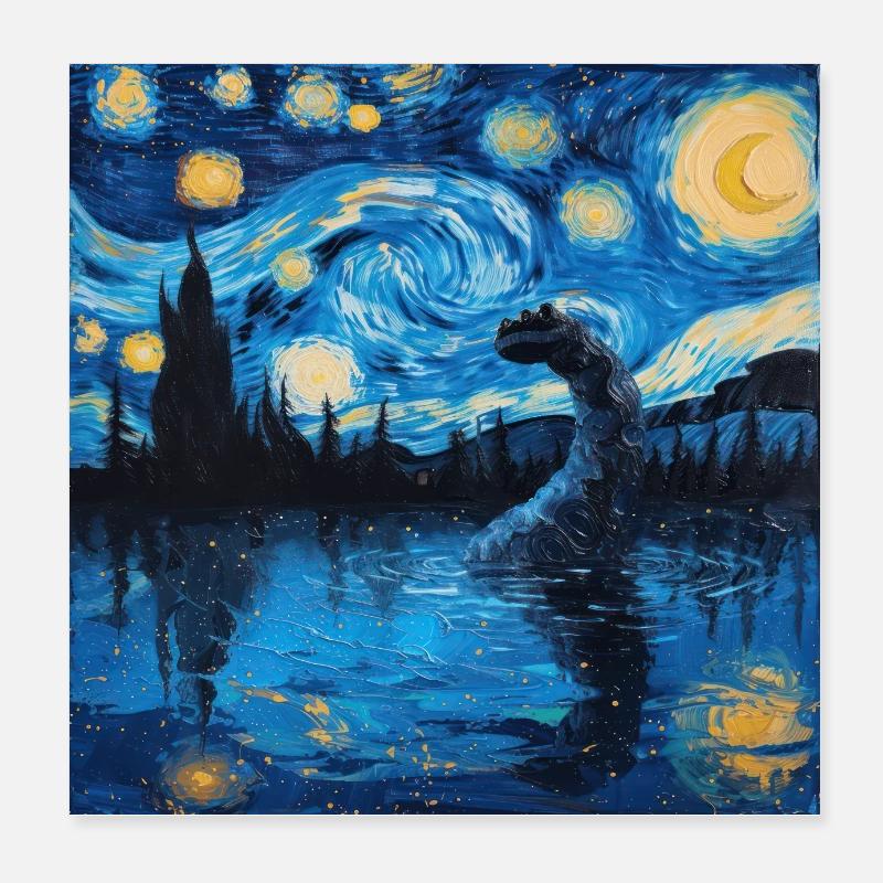 Loch Ness Monster, Nessie, Van Gogh, Starry Night Poster 8" x 8" (20x20 cm)
