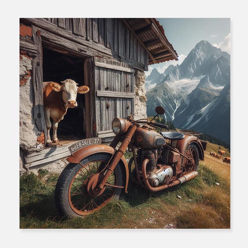 Vache et moto à l’alpage Poster 20 x 20 cm