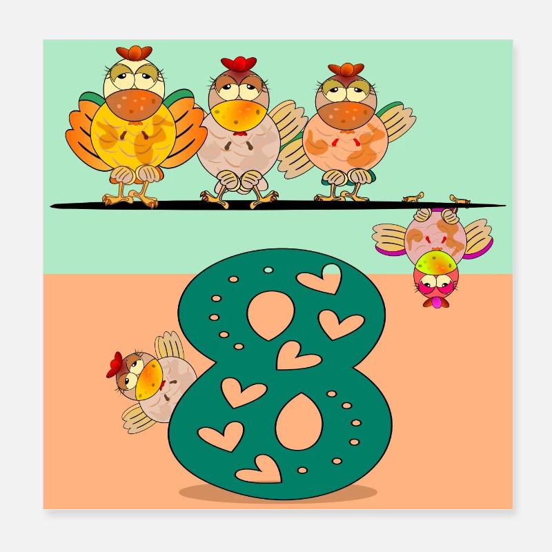 8e anniversaire - Number Eight Chickens Poster 20 x 20 cm