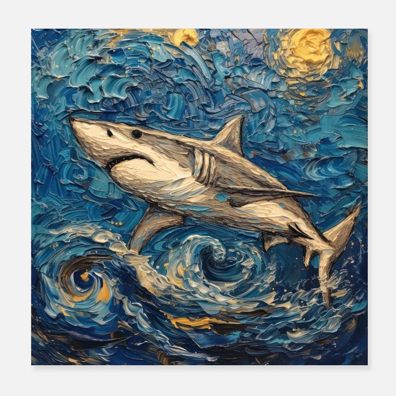 Requin, Requin, Poisson, Van Gogh, Nuit étoilée Poster 20 x 20 cm