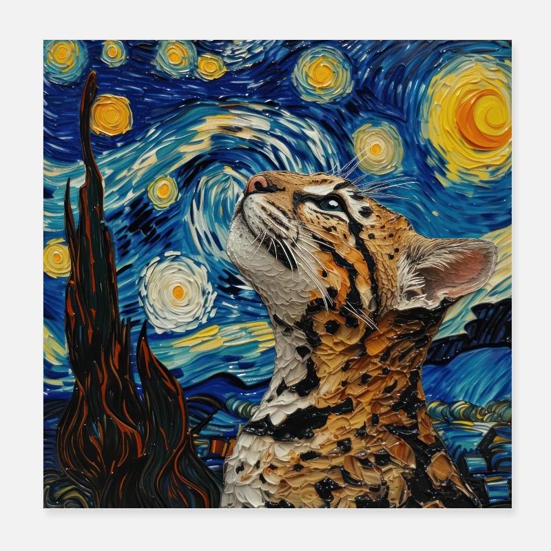 Ocelot, Lynx, Van Gogh, Starry Night Poster 8" x 8" (20x20 cm)