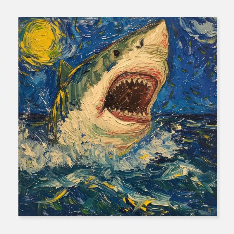 Shark, Shark, Fish, Van Gogh, Starry Night Poster 8" x 8" (20x20 cm)