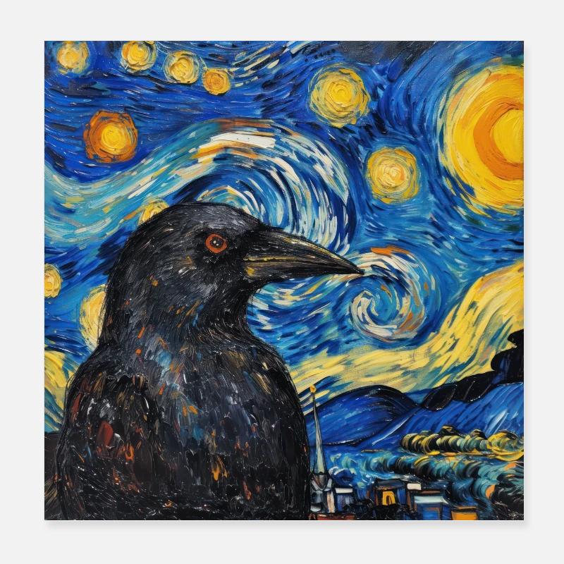 Corbeau, Oiseau, Van Gogh, Nuit étoilée Poster 20 x 20 cm