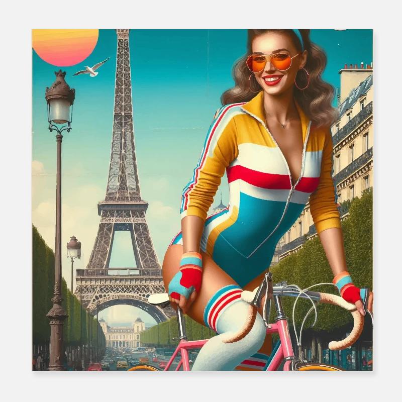 Belle jeune fille à vélo devant la tour Eiffel Poster 20 x 20 cm