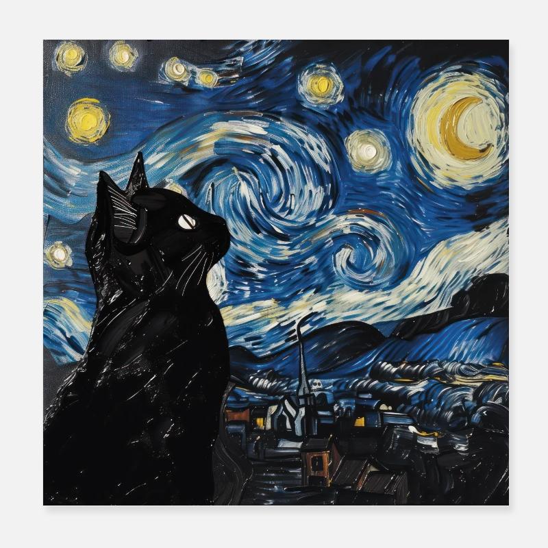Black Cat, Cat, Van Gogh, Starry Night Poster 8" x 8" (20x20 cm)