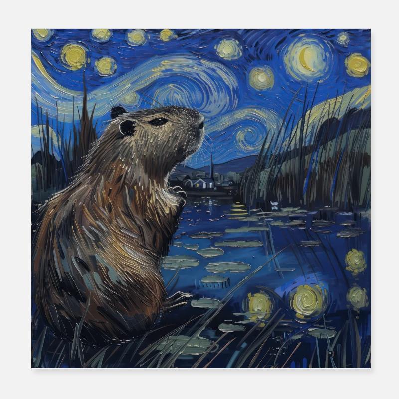 Capybara, Van Gogh, Nuit étoilée Poster 20 x 20 cm
