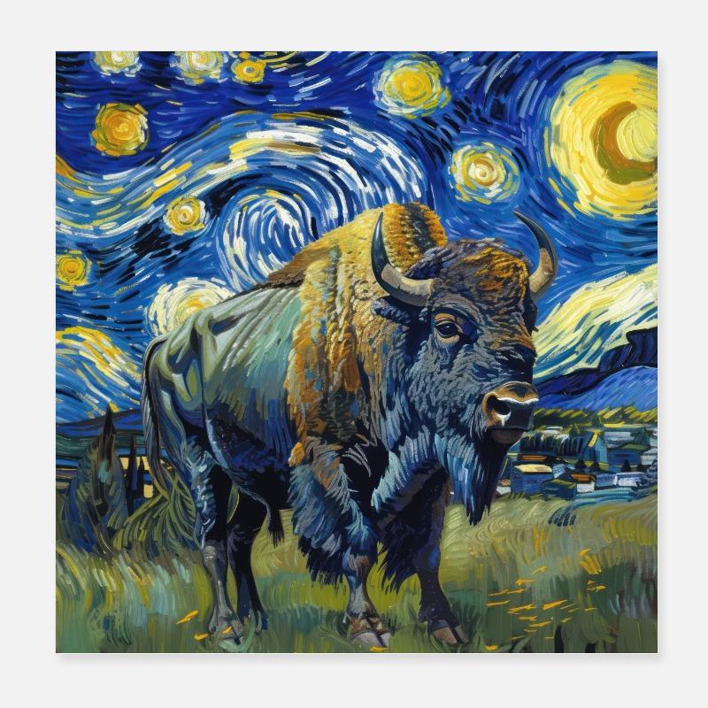 Bison, Buffle, Animal, Van Gogh, Nuit Étoilée Poster 20 x 20 cm