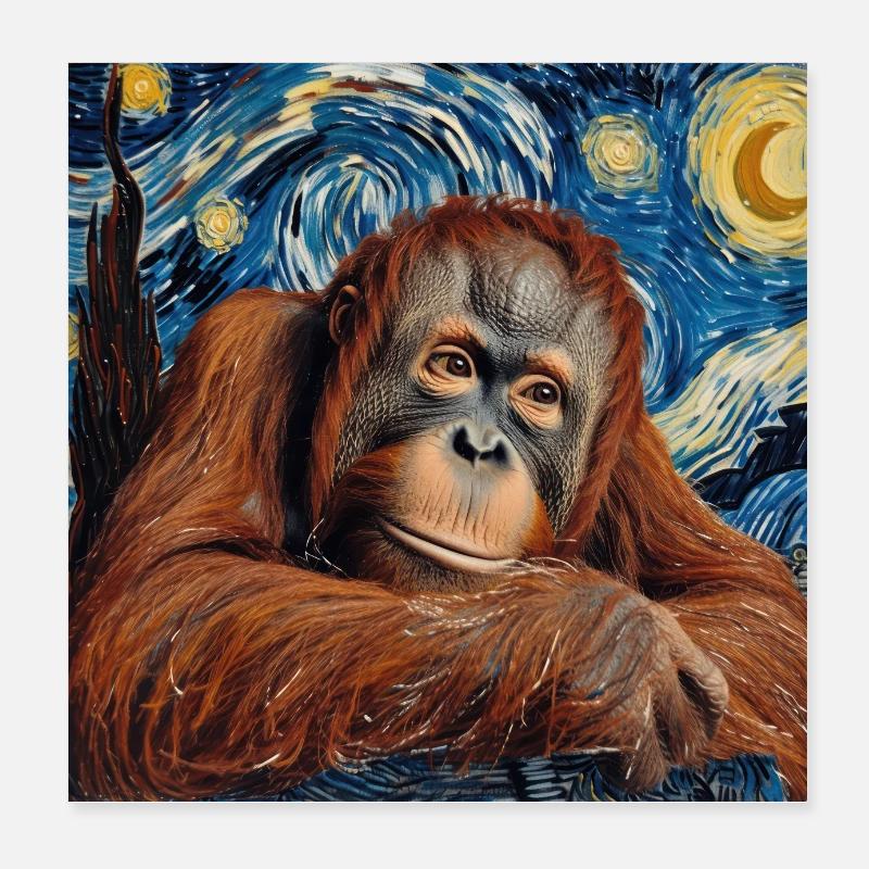 Orang-outan, singe, Van Gogh, nuit étoilée, cadeau Poster 20 x 20 cm
