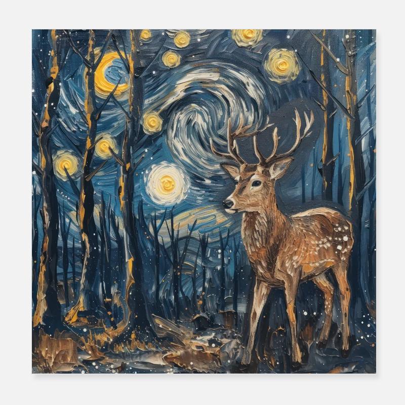 Deer, Van Gogh, Starry Night, Gift Poster 8" x 8" (20x20 cm)