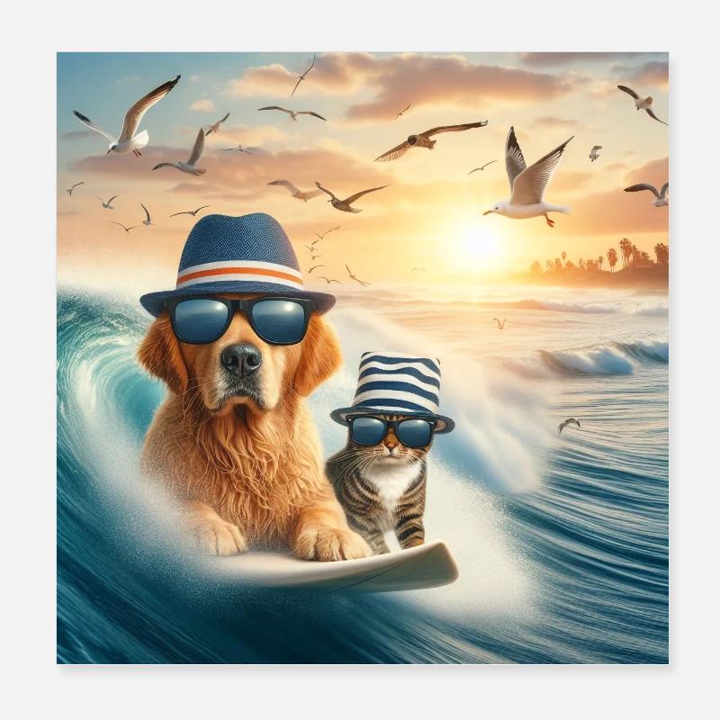 chient et chat surfeur Poster 20 x 20 cm