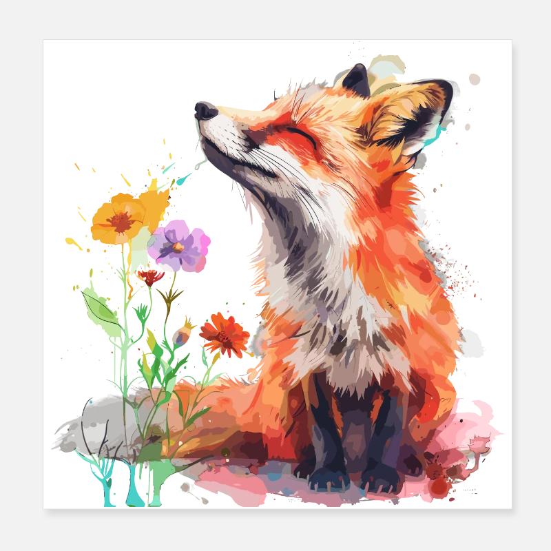 Renard aquarelle, Fox Poster 20 x 20 cm