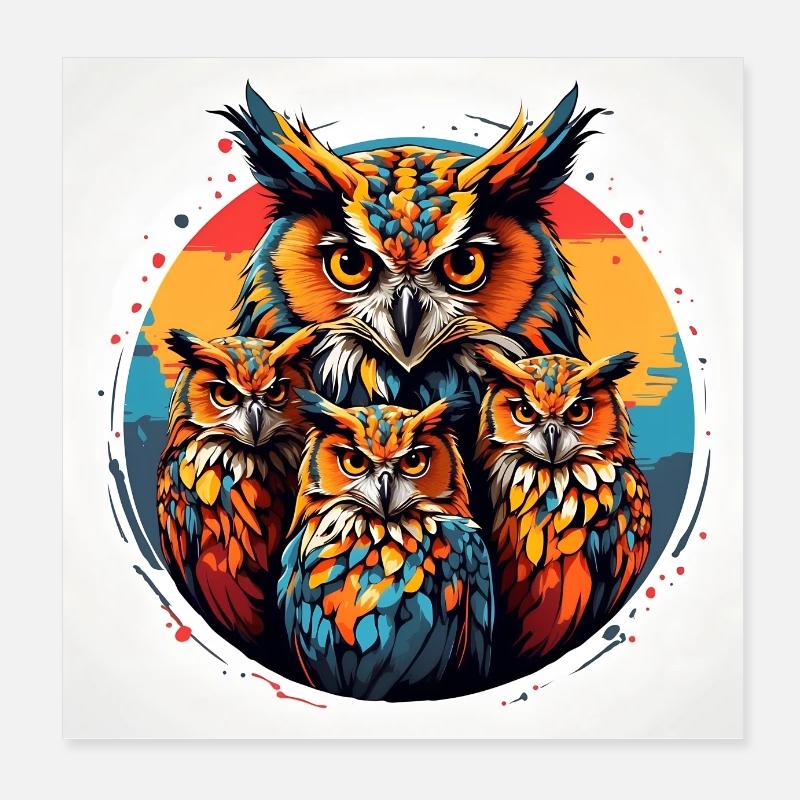Bunte grafische Eulenfamlie Poster 20x20 cm