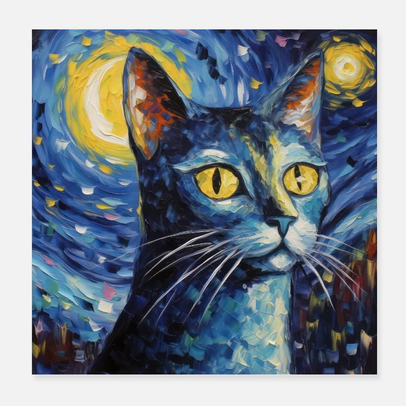 Chat, Motif De Chat, Van Gogh, Nuit Étoilée Poster 20 x 20 cm