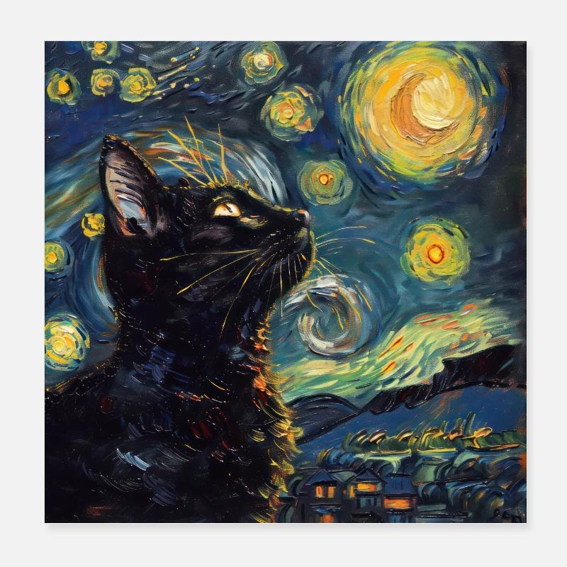 Chat, Motif De Chat, Van Gogh, Nuit Étoilée Poster 20 x 20 cm