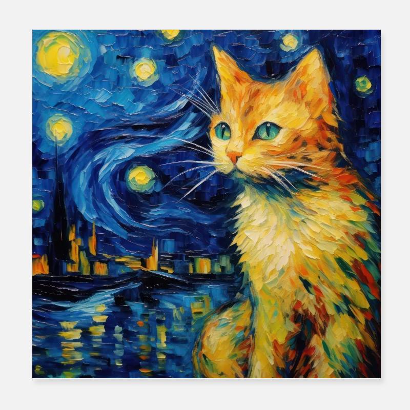 Chat, Motif De Chat, Van Gogh, Nuit Étoilée Poster 20 x 20 cm