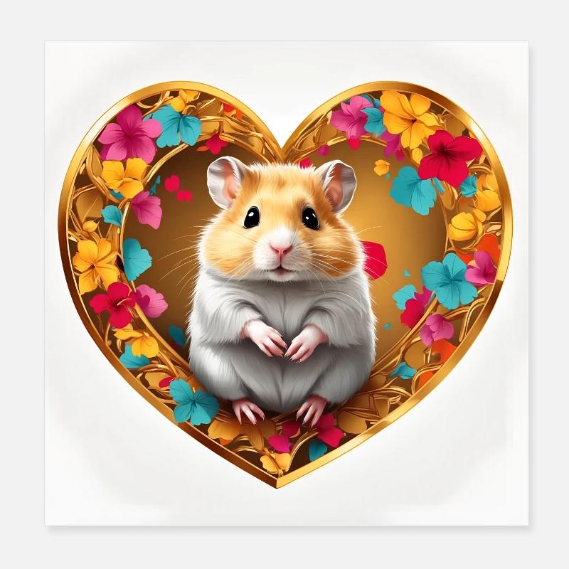 Hamster doré mignon dans un cadre de coeur avec des fleurs Poster 20 x 20 cm
