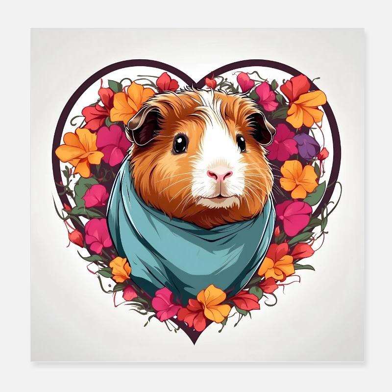 Cochon d’Inde mignon dans un cadre de coeur avec des fleurs Poster 20 x 20 cm