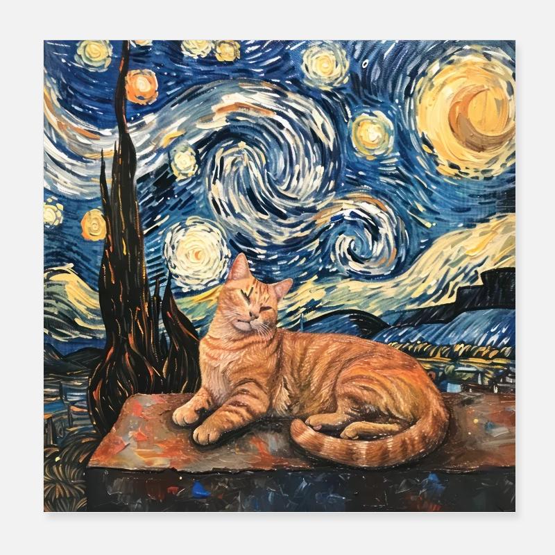 Chat, Motif De Chat, Van Gogh, Nuit Étoilée Poster 20 x 20 cm